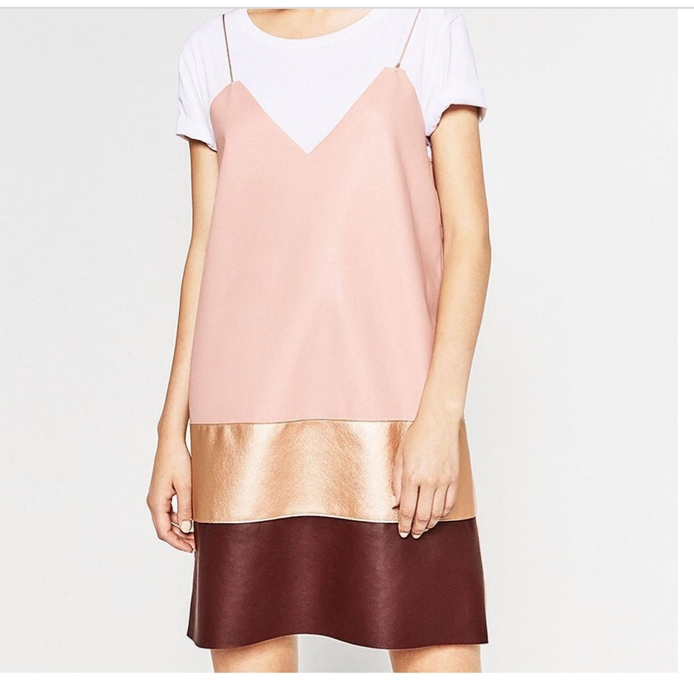 Zara Collection Shades Of  Pink Colorblock Faux Leather Mini Dress